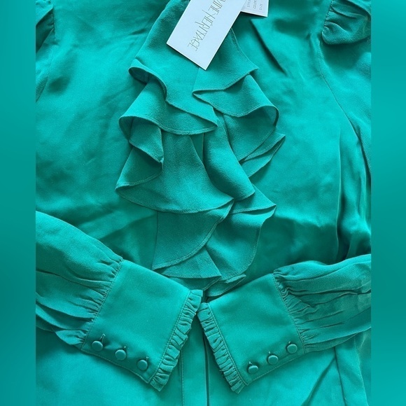 NWT Divine Heritage Silk Ruffle Front Blouse  Emerald Sheer Puff Sleeve - Picture 15 of 16